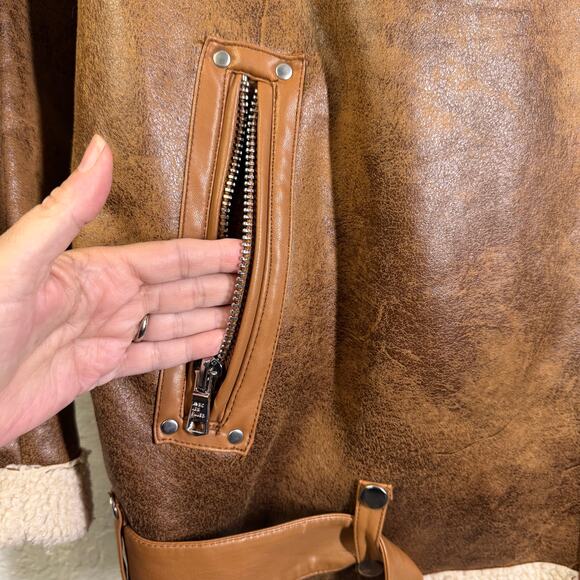 AVEC LES FILLES Coat Large Faux Leather Shearling Moto Jacket Notched Collar - Picture 11 of 15